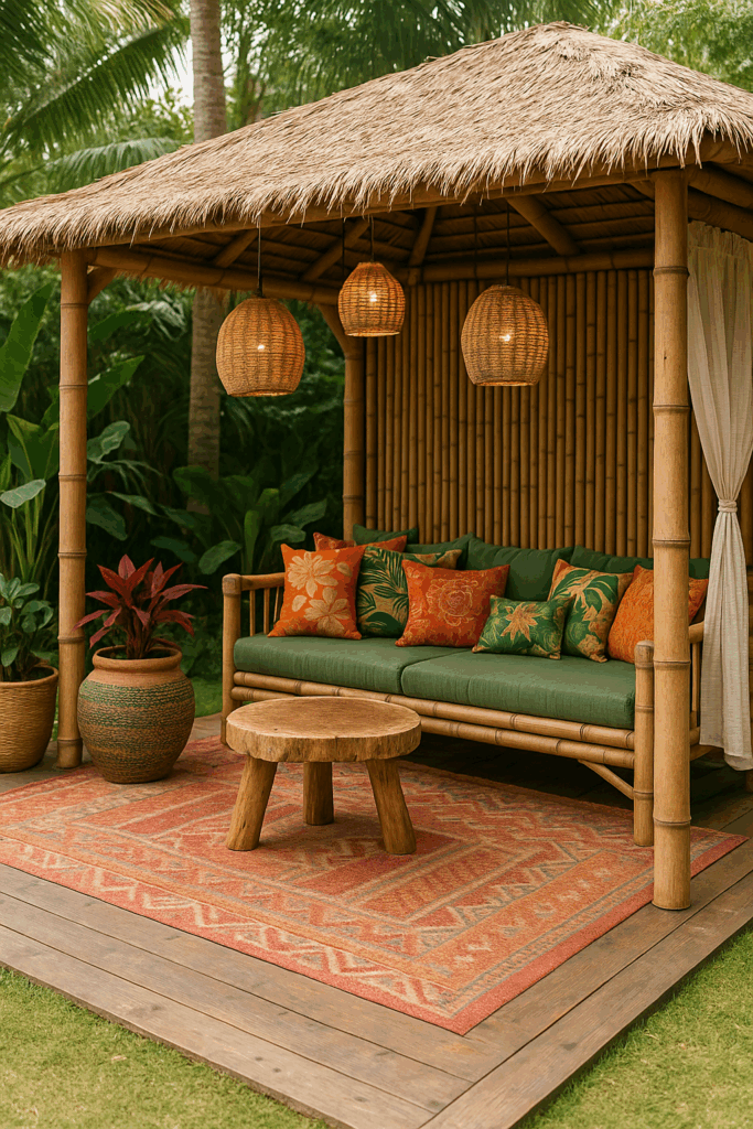 Coin lounge décoré dans une paillote en bambou avec lanternes suspendues, coussins tropicaux et tapis en fibre naturelle.