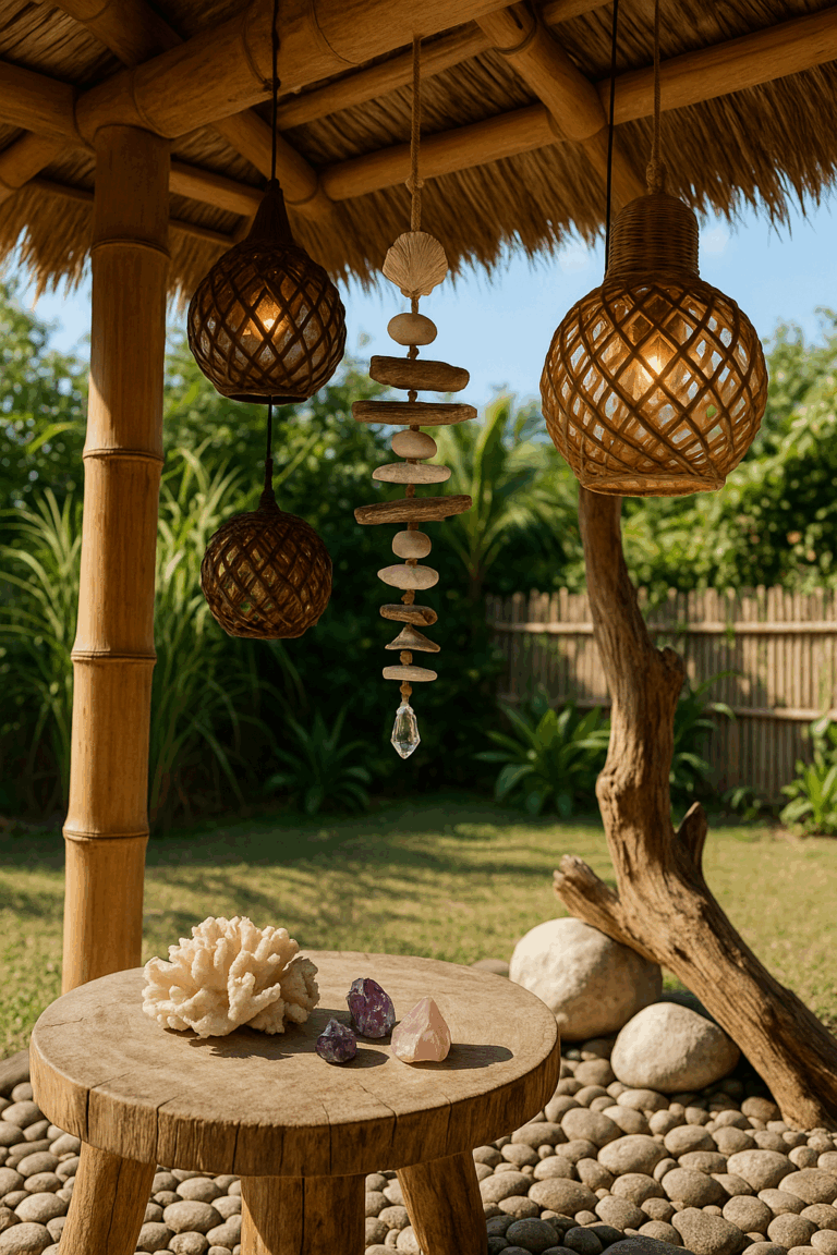 Décoration naturelle sous une paillote en bambou avec lanternes suspendues, mobile en bois flotté et pierres semi-précieuses.