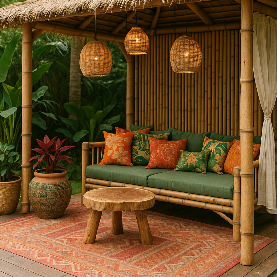 Coin lounge cosy sous une paillote en bambou Coin lounge décoré dans une paillote en bambou avec lanternes suspendues, coussins tropicaux et tapis en fibre naturelle.