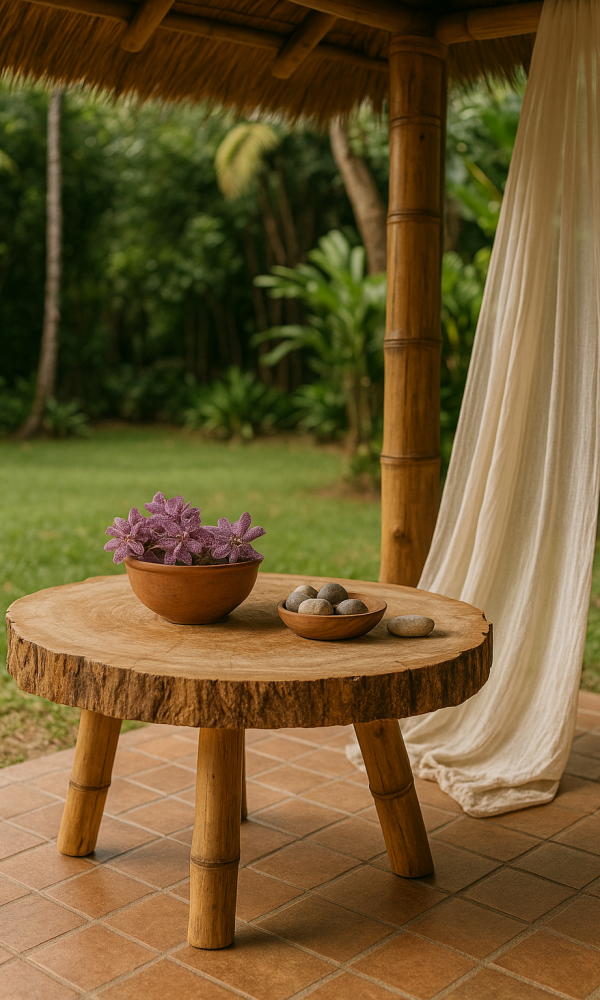 Table basse artisanale en bois et bambou sous une paillote Table basse artisanale sous une paillote en bambou, fabriquée avec un tronc d’arbre et décorée de bols en terre cuite et fleurs tropicales.